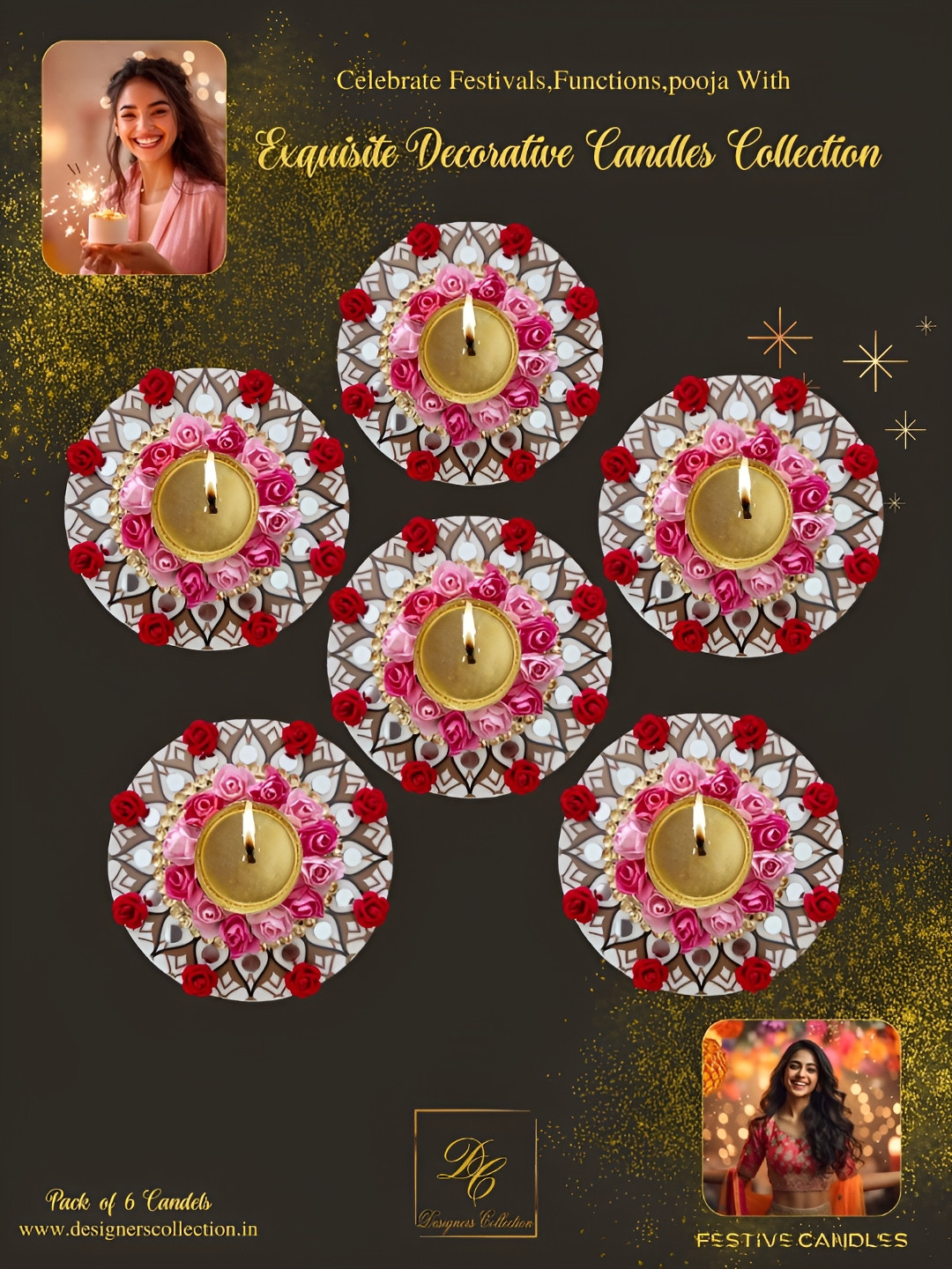 Designers Collection Decorative 6Pcs Smokeless Solid Round Regular Tea Light Candles