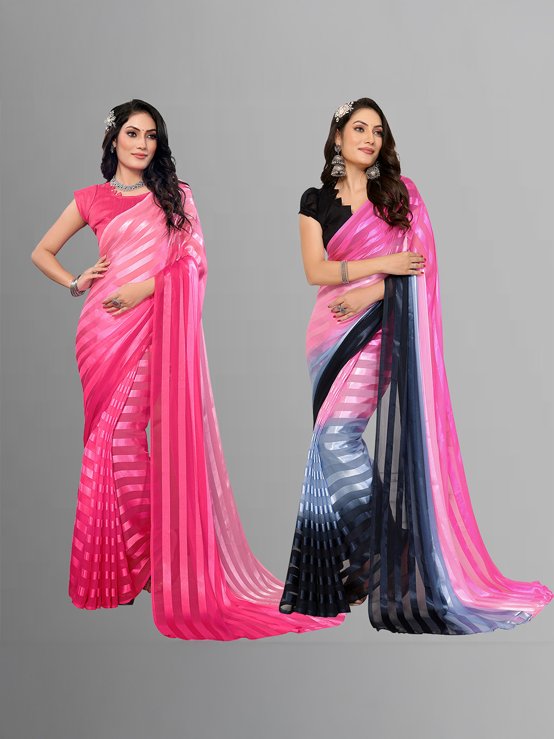 Moda Rapido Pack O 2 Striped Satin Saree