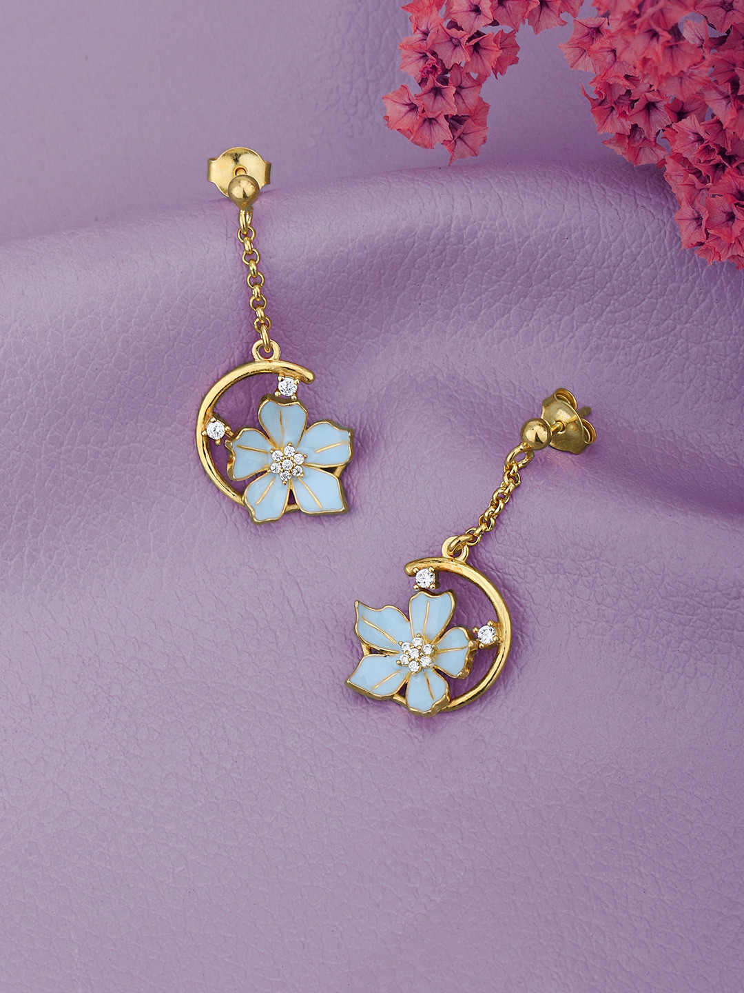 Carlton London 18kt Gold Plated with CZ and Enamel Floral Drop Earring