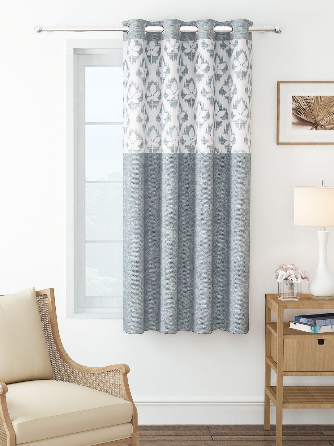 Story@home Topaz Grey Melange & White Floral Printed Room Darkening Window Curtain