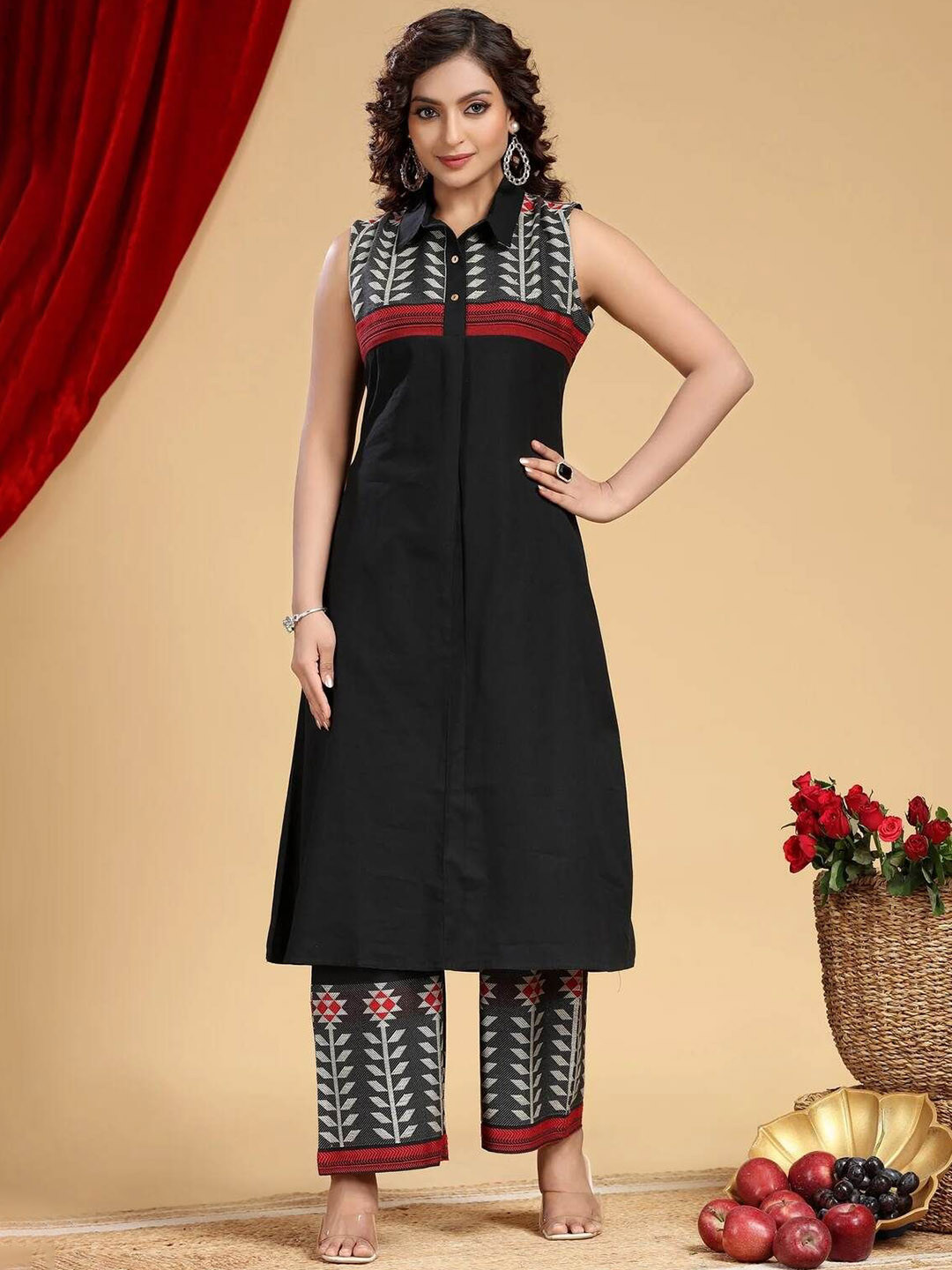 COTTON CULTURE Women Shirt Collar Pure Cotton A-Line Kurta with Trousers