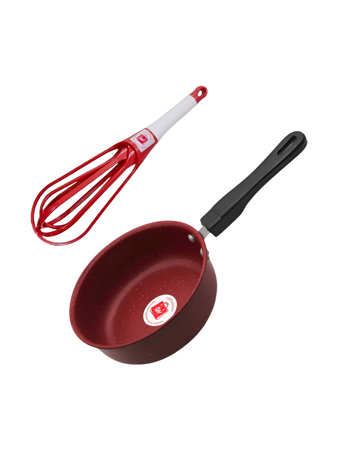 LAZYwindow Grey & Maroon 2 Pieces Nonstick Sauce Pan With Hand Whisker