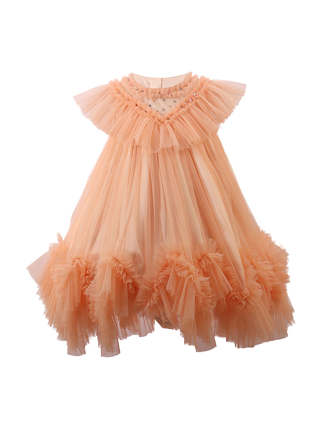 FAIRY DOLLS Kids-Girls Flutter Sleeve Ruffled Net Fit & Flare Dress
