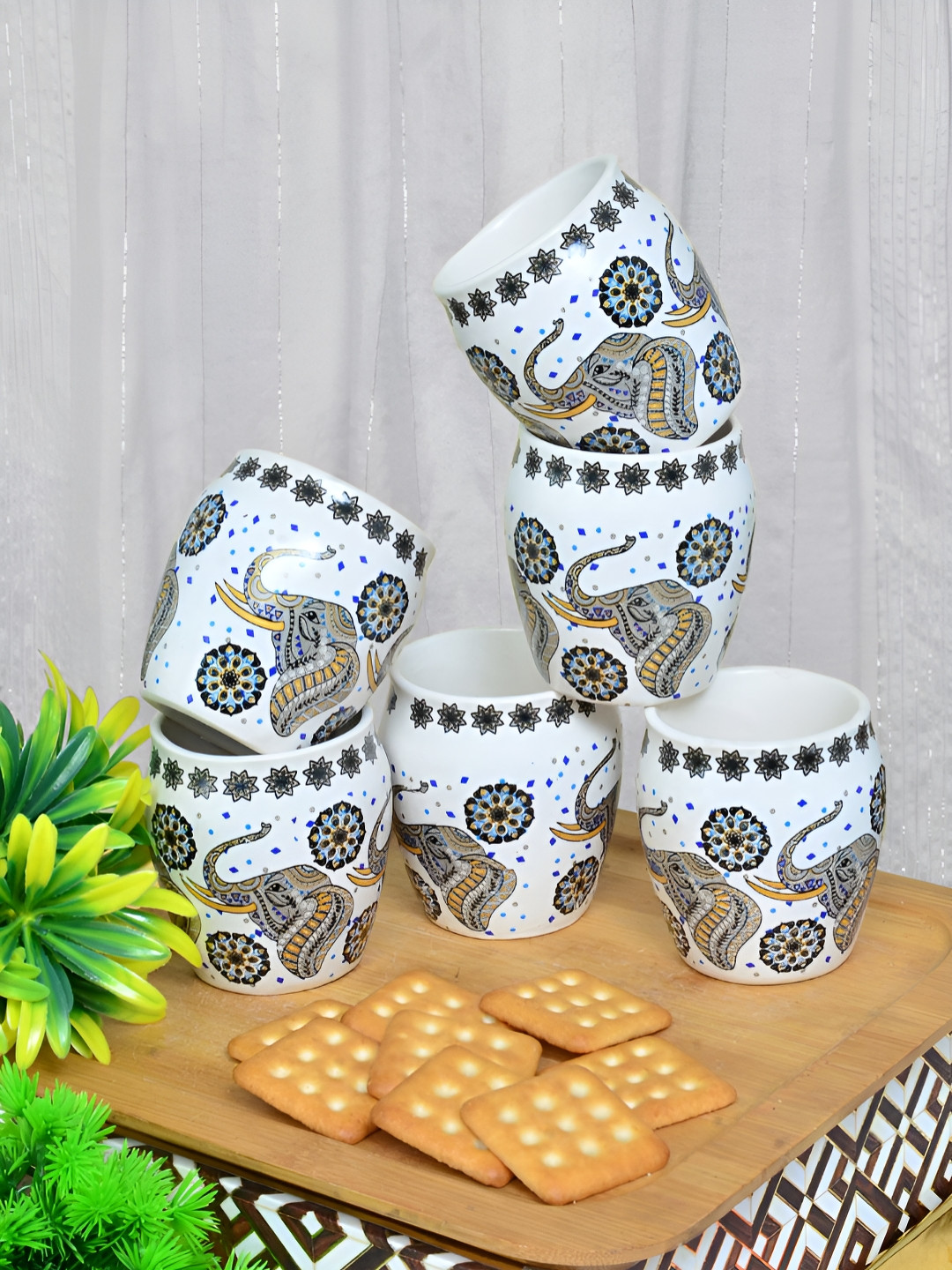 Myntra Elegant Homes Christmas White Animal Print Ceramic Handcrafted 6 Piece Kulladhs-150ml