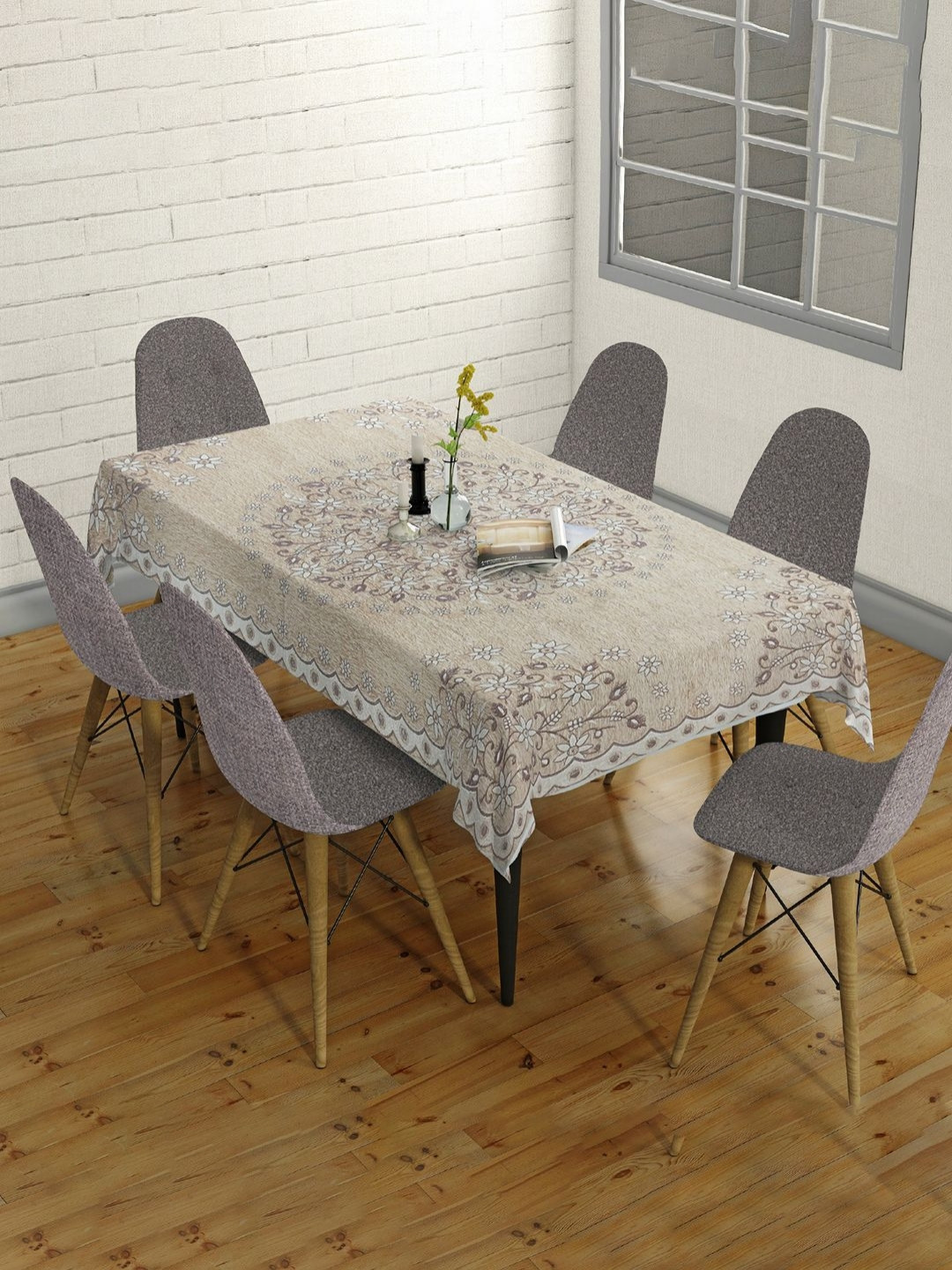 Sun Rise Peach-Coloured Floral 6-Seater Table Cover