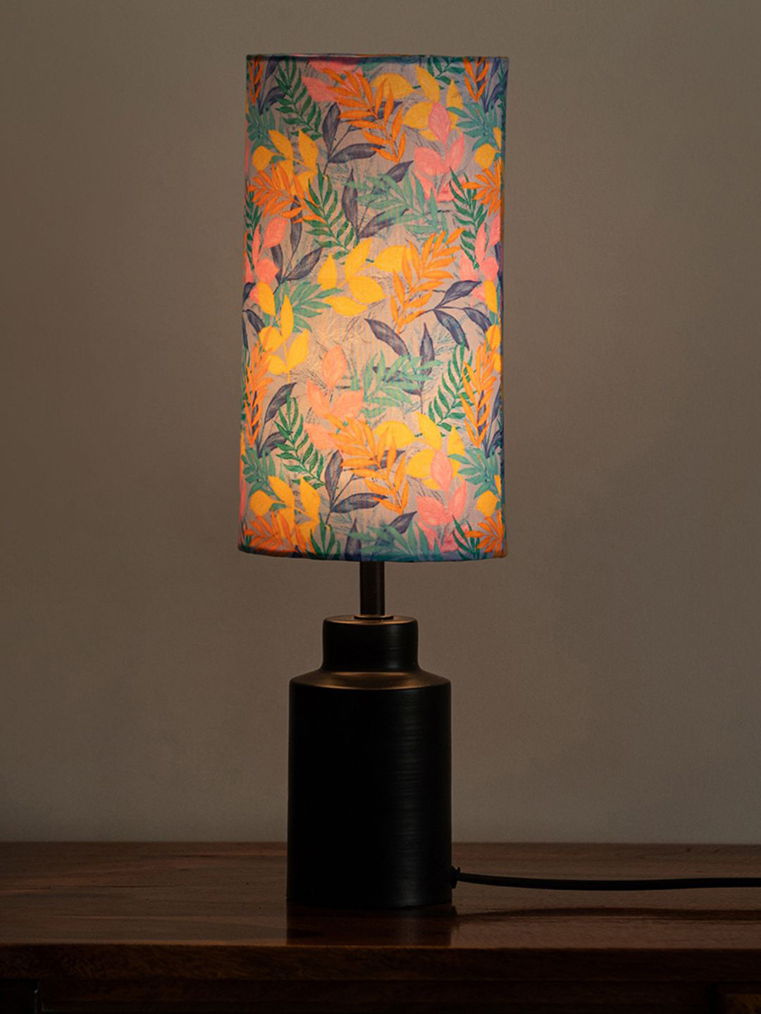 ExclusiveLane Lumespace Black & Blue Floral Printed Metal Cylindrical Shaped Table Lamp