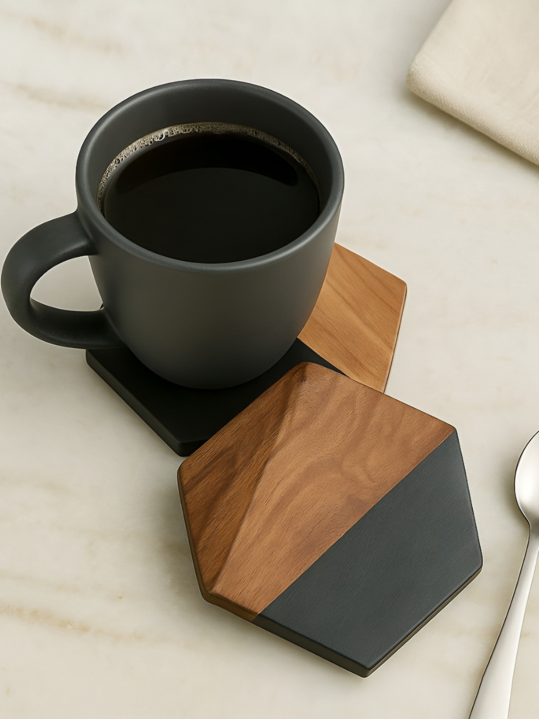 CHAAK DESIGN Set Of 4 Black & Brown Hexagon Marble & Wooden Coasters