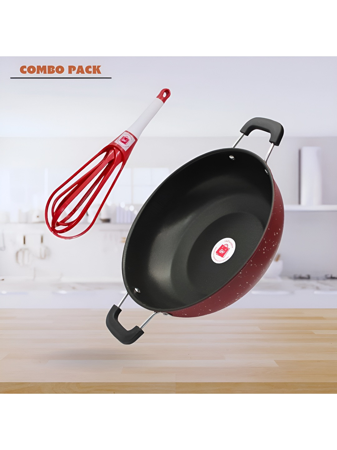 LAZYwindow Maroon & Black Microwave Safe Nonstick  Kadhai & Wok