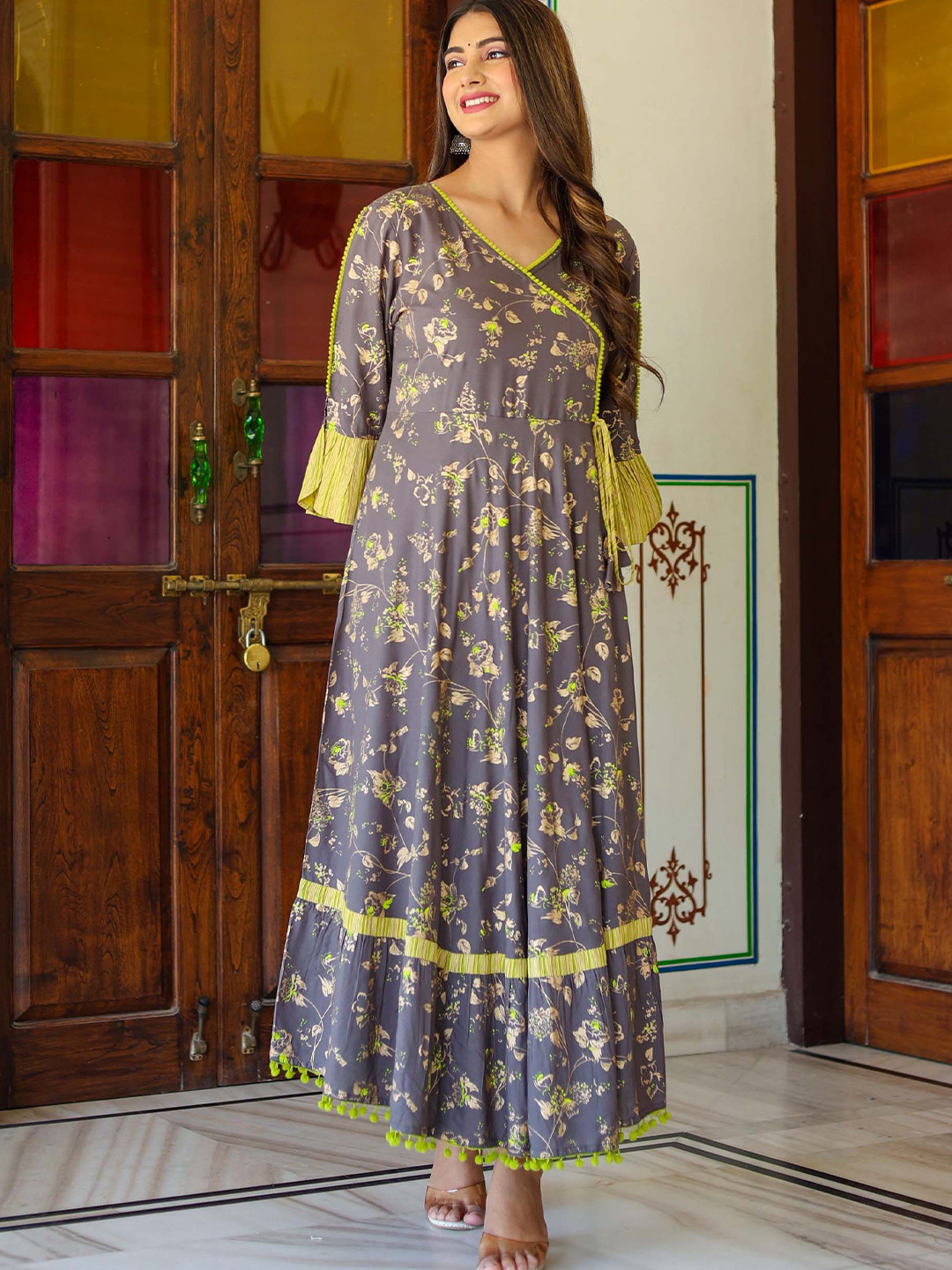 IKRASS Floral Printed Bell Sleeves Anarkali Kurta