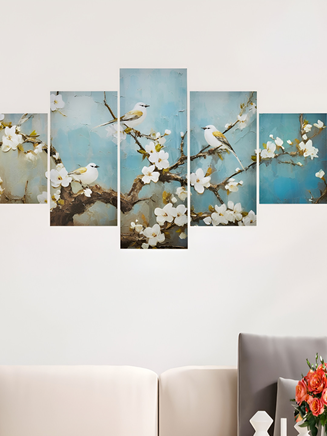 Home Centre Blue 5 Pieces Birds And Flowers Printed Canvas Wall Art