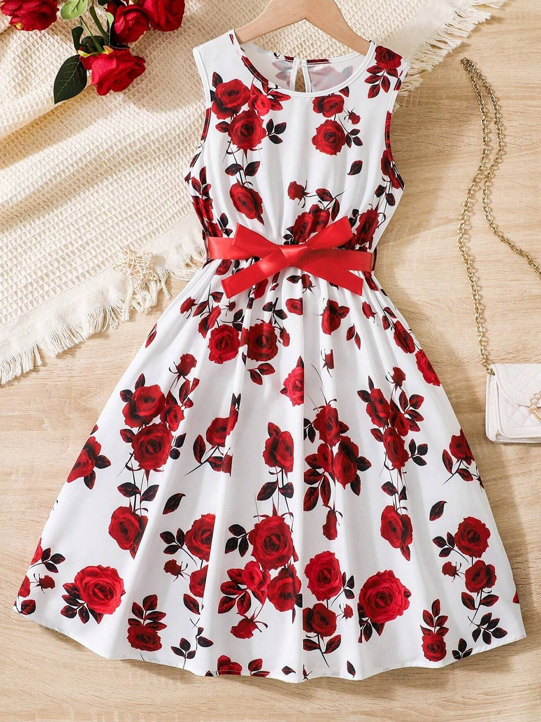 Kidotsav Girl's Floral Printed Cotton Fit & Flare Midi Dress Comes With a Belt