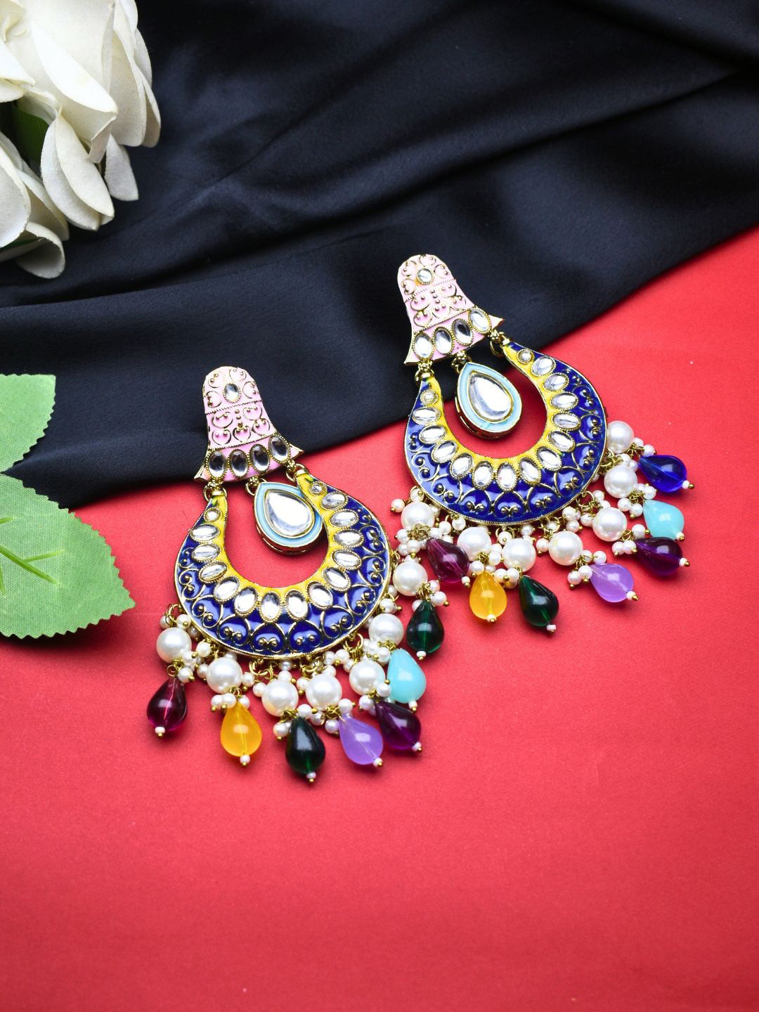 J & C Fashion Arena Gold-Plated Pearls Beaded Contemporary Drop Earrings
