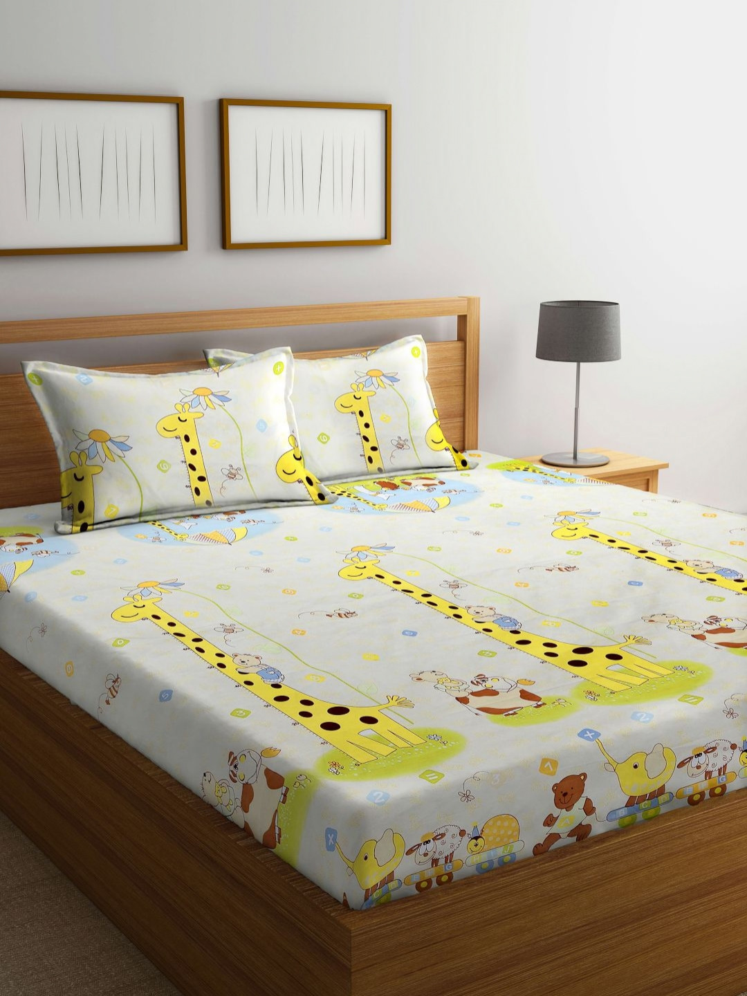 Myntra Elegant Homes Yellow Animal Cotton 300 TC King Fine Bedsheet with 2 Pillow Covers-98 x 89 inches