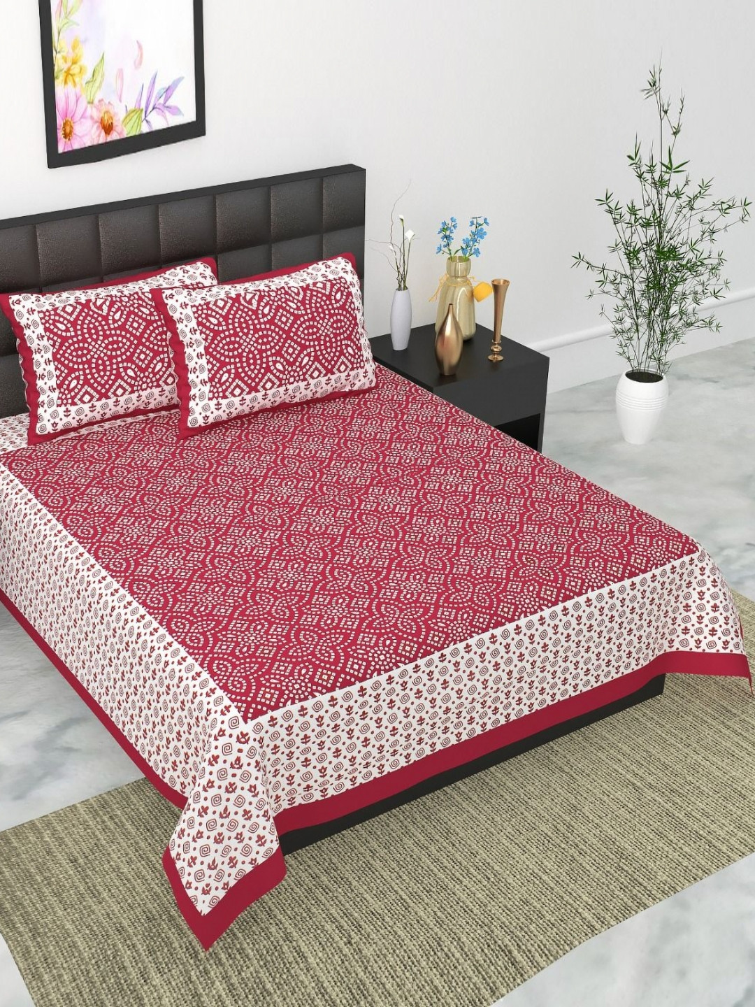 UNIBLISS Maroon Floral Cotton 144 TC Queen Bedsheet with 2 Pillow Covers-85 x 93 inches
