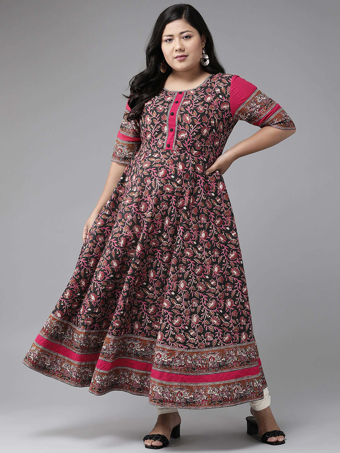 IKRASS Plus Size Floral Printed Round Neck Anarkali Cotton Kurta
