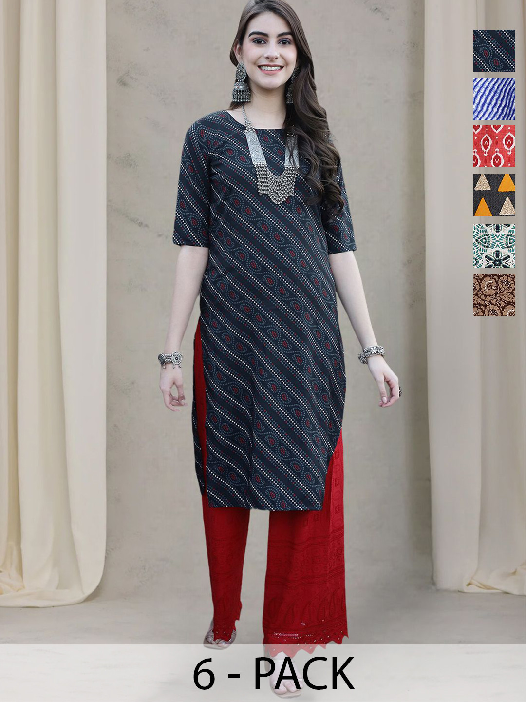 7Threads Women Ethnic Motifs Printed Regular Straight Calf Length Kurtas Sequins pack of 6