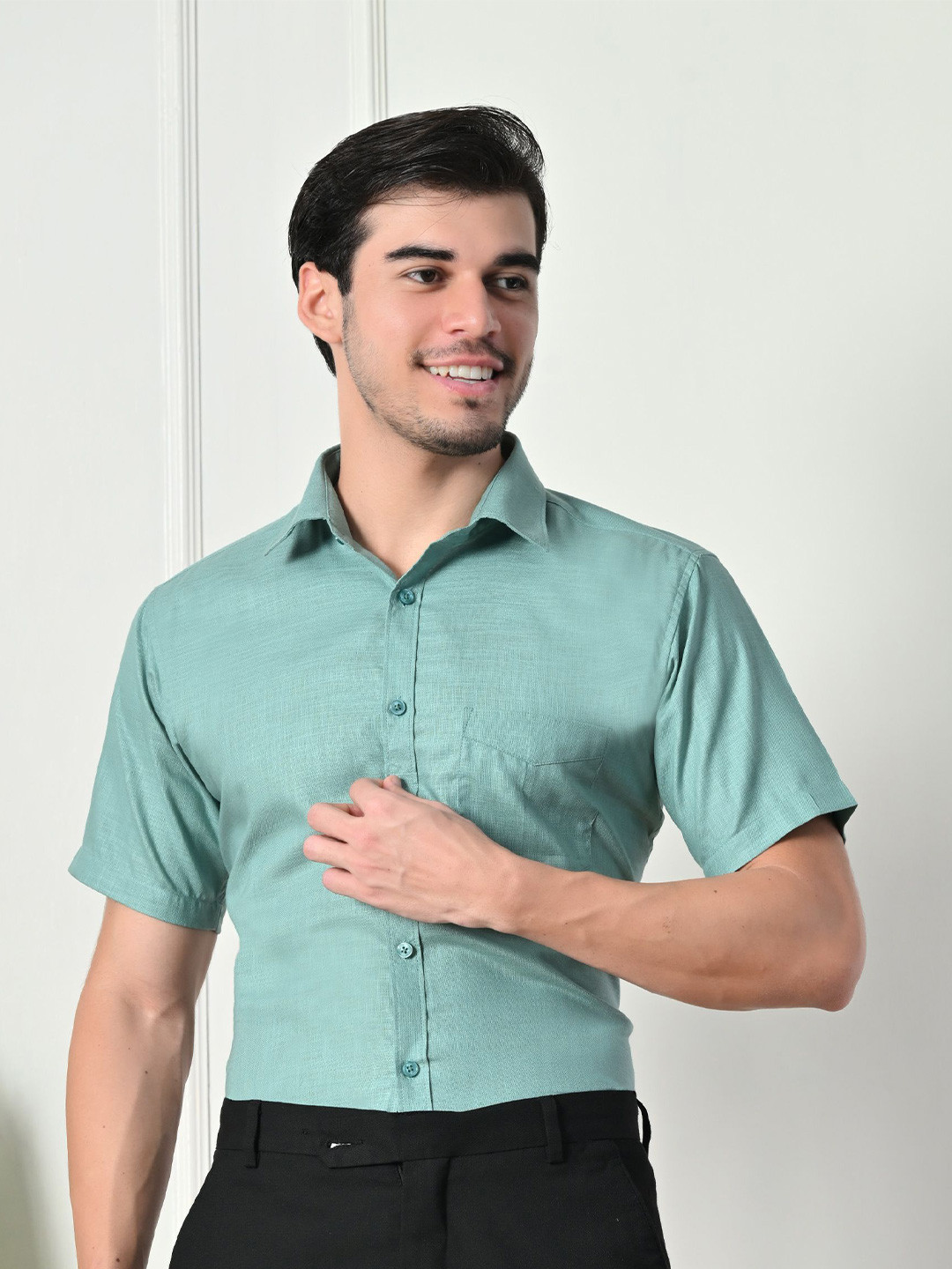 DESIGN UP spread collar Short Sleeves Slim Fit Casual Cotton Shirt