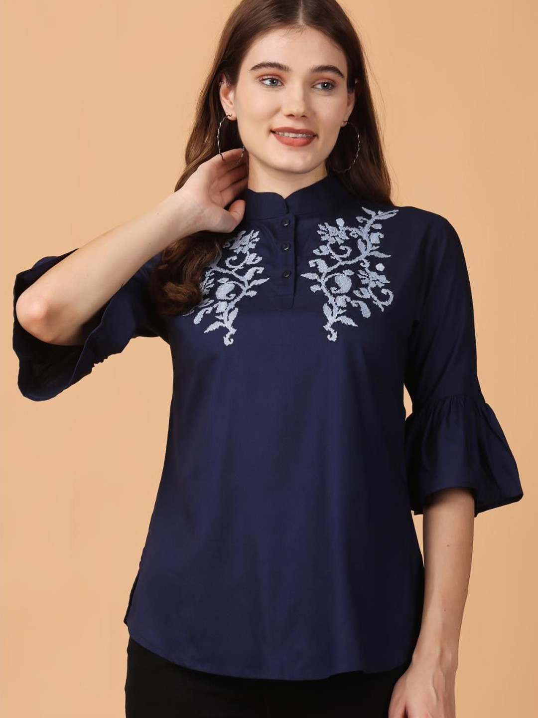 girlsify Women Floral Embroidered A-Line Regular Top