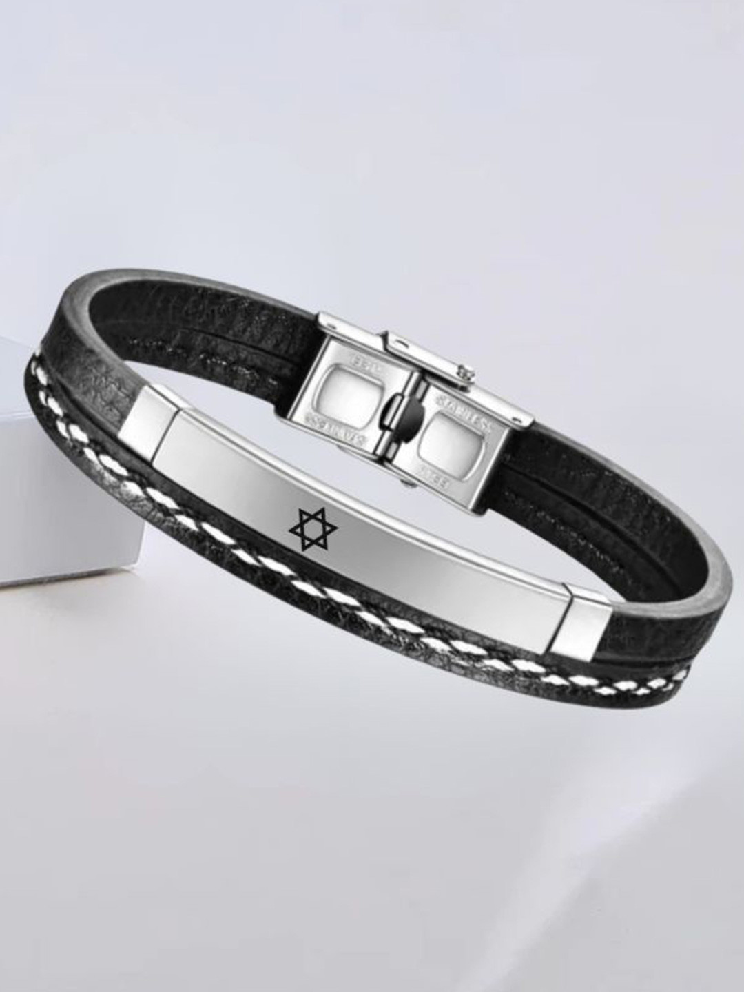 M Men Style Silver-Plated Stainless Steel Star of David Symbol Leather Wraparound Bracelet