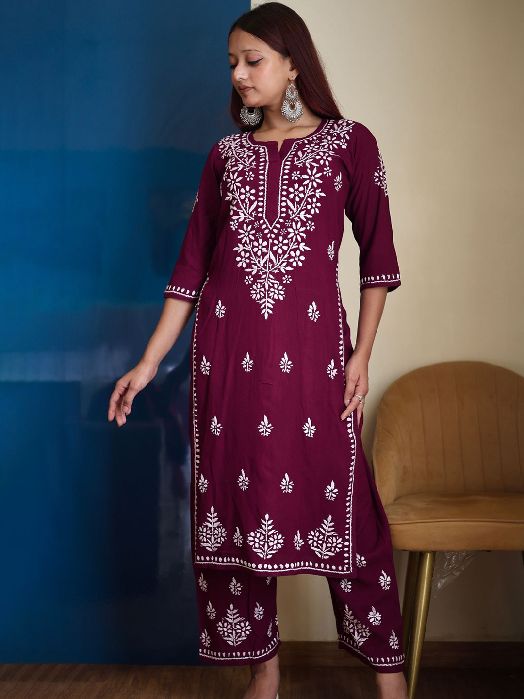 myplusfashion Women Floral Embroidered Lucknowi Chikankari Kurta Palazzo Set