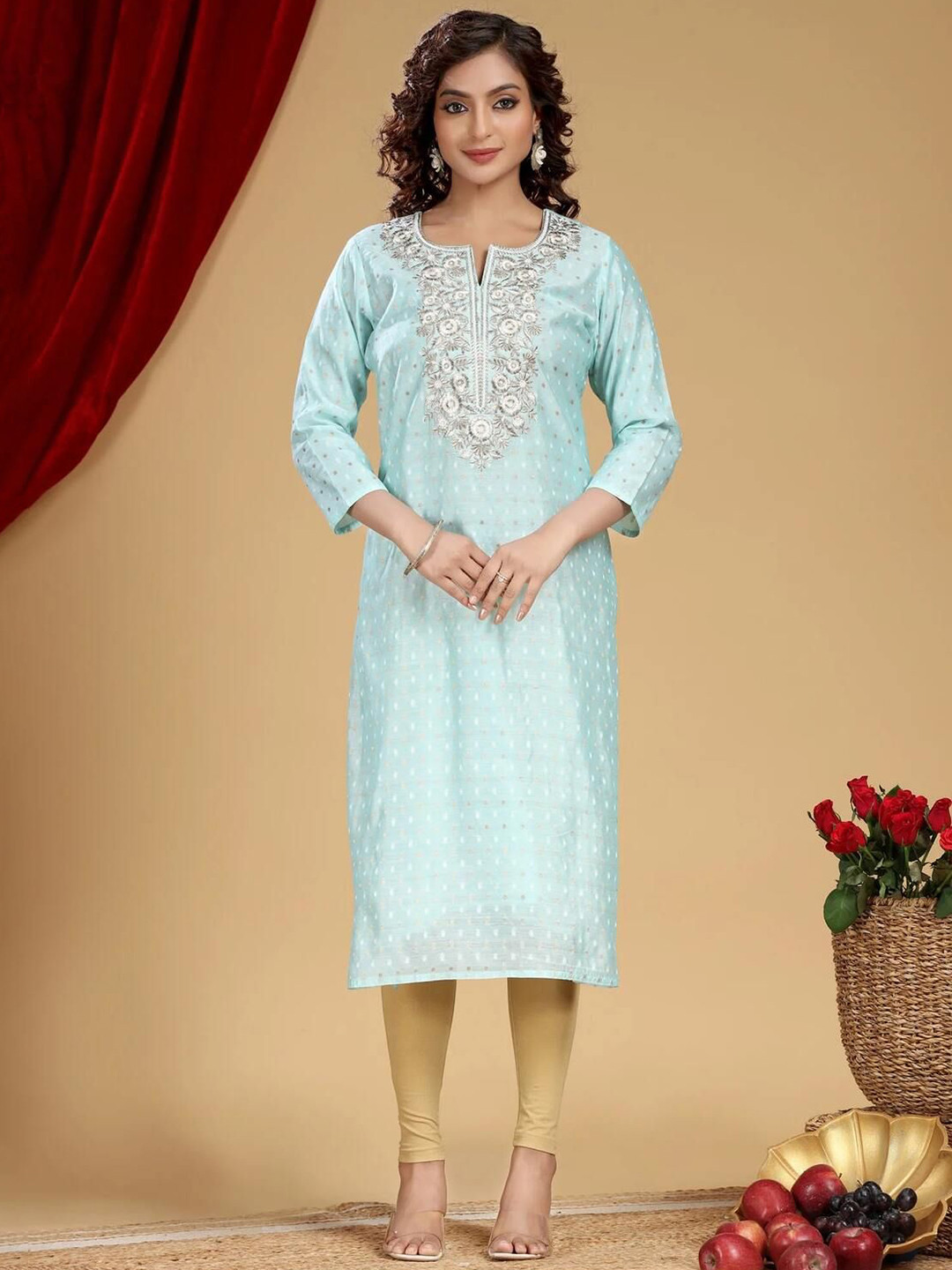 COTTON CULTURE Embroidered Thread Work Silk Straight Kurta