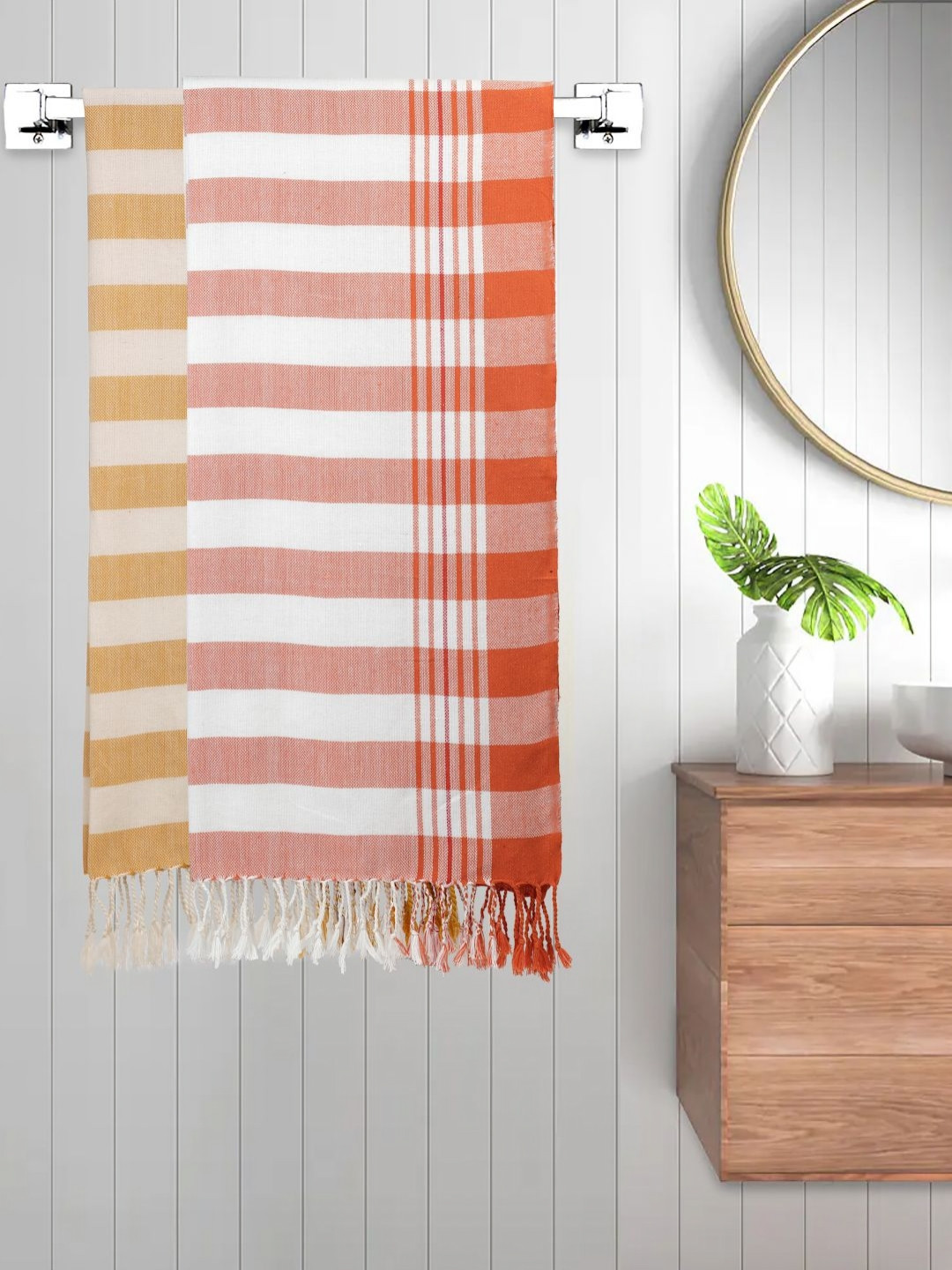 Myntra Elegant Homes Red & Mustard 2 Pieces Striped Cotton 225 GSM Bath Towels