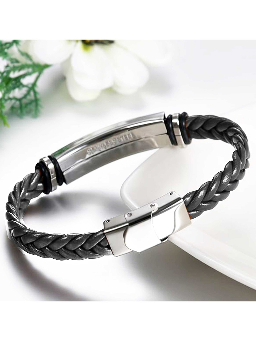 M Men Style Silver-Plated Stainless Steel Durga Braided Leather Weave Wraparound Bracelet