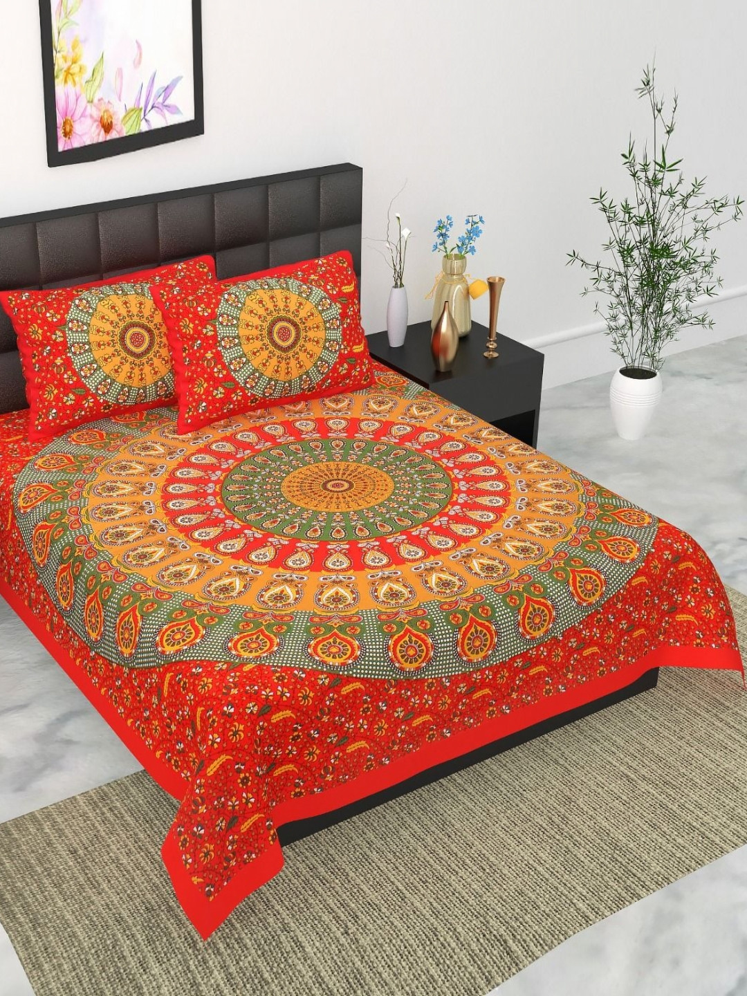 UNIBLISS Red Floral Cotton 144 TC Queen Bedsheet with 2 Pillow Covers-85 x 93 inches