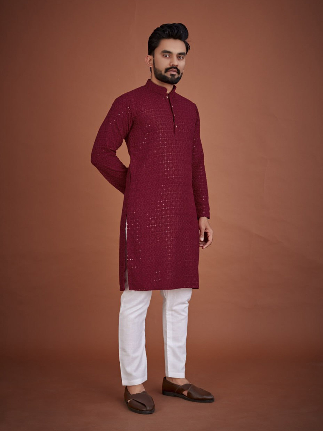 PulseIQ Ethnic Motifs Embroidered Chikankari Mandarin Collar Sequinned Straight Kurta