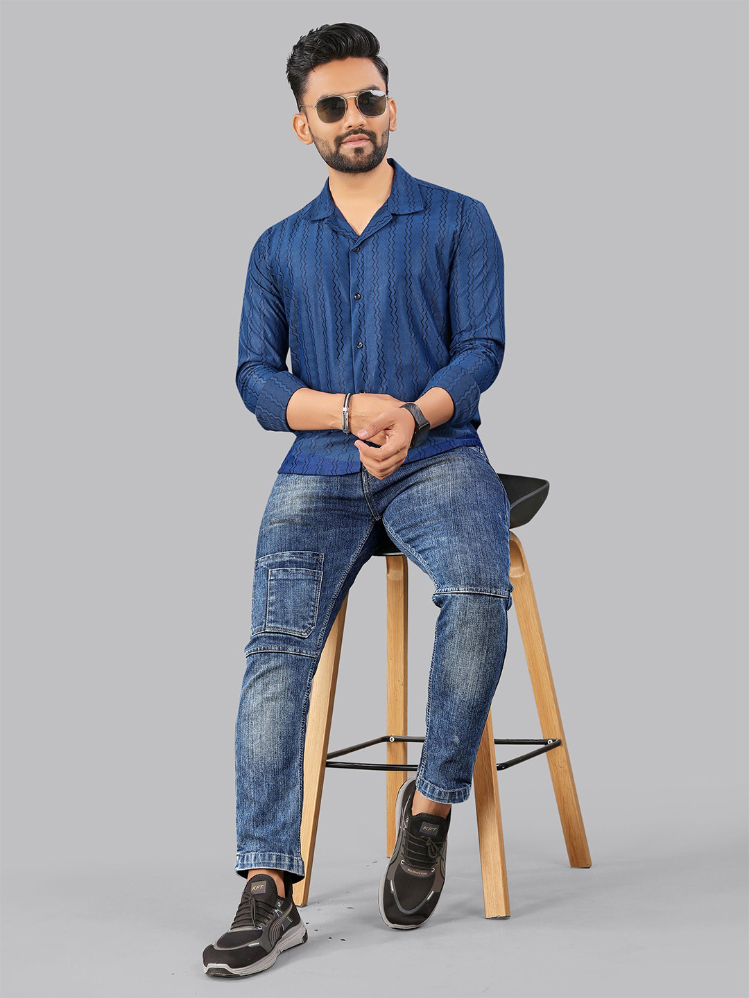 SURHI Comfort Fit Chevron Textured Spread Collar Semi Sheer Shirt