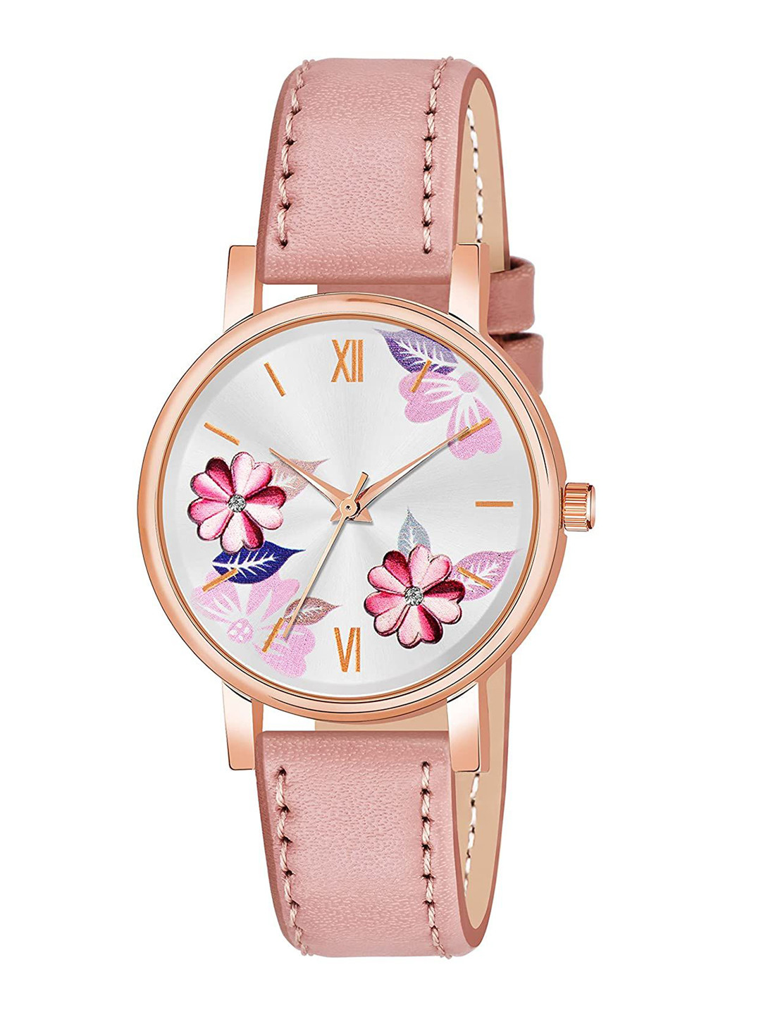 JUST LIKE Girls Printed Dial & Stainless Steel Straps Analogue Watch 81-Flowers Pink