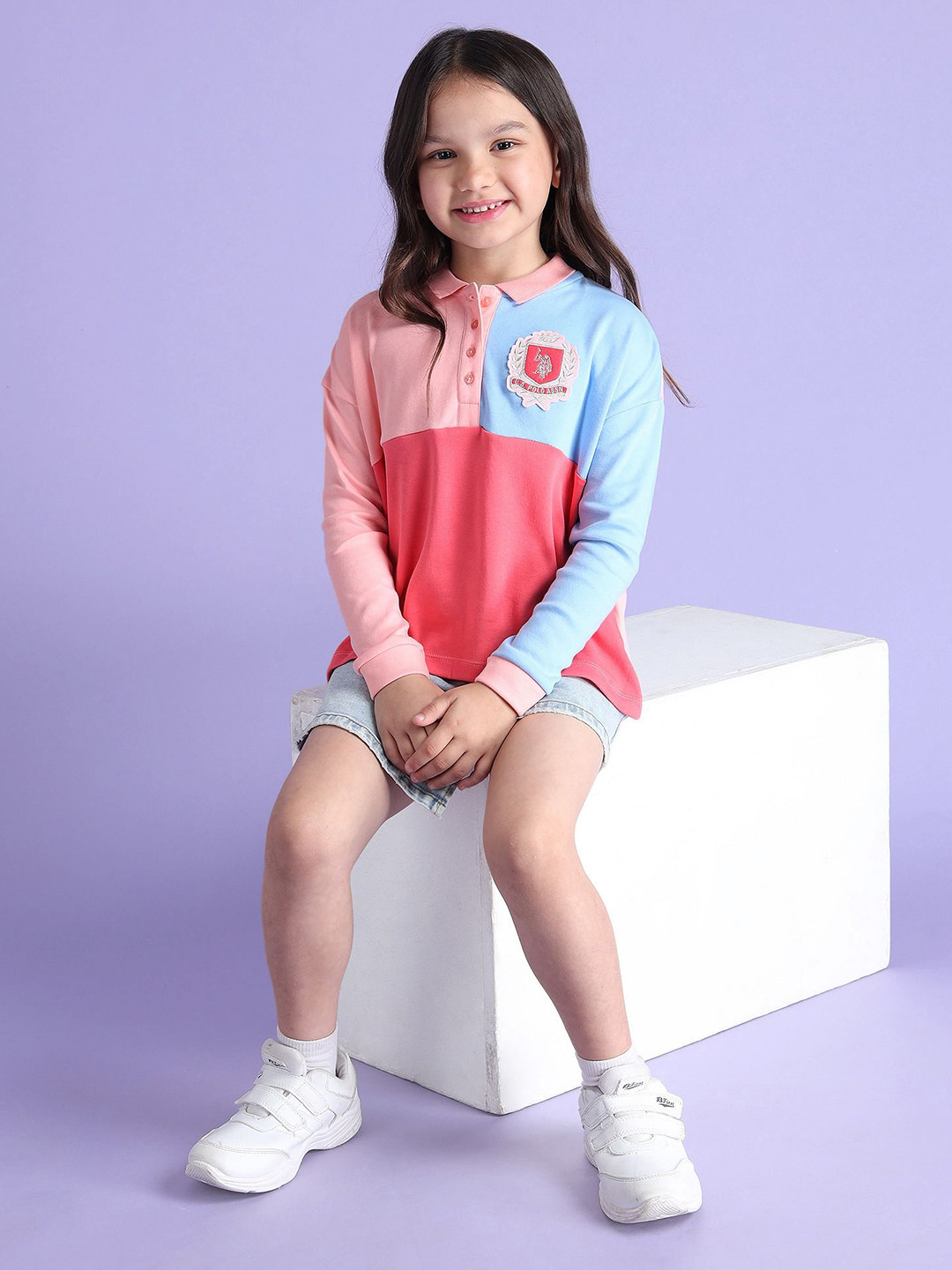 U.S. Polo Assn. Kids Girls Brand Logo Colourblocked Polo Collar Pure Cotton T-shirt
