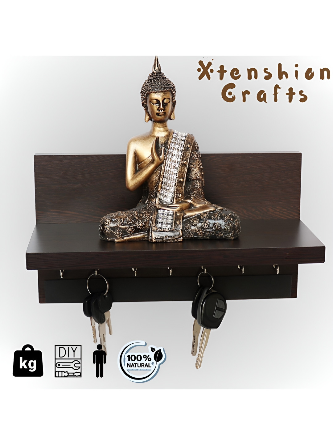 Xtenshion Crafts Brown Wood Wall Shelf with Keyholders