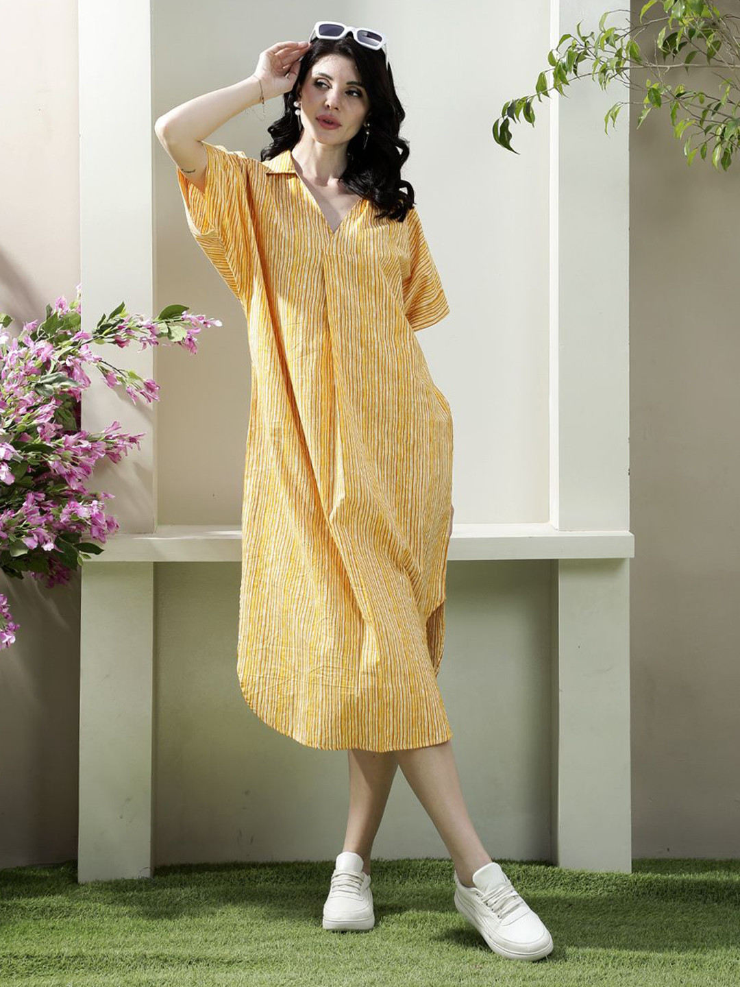 Boho By Athena Women Striped Curved A-Line Midi Dress