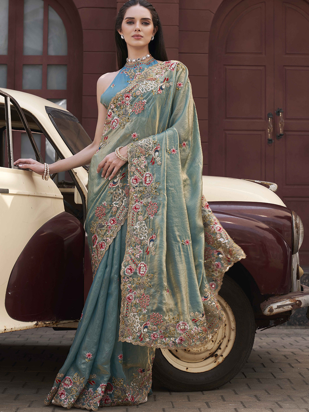 Tikhi Imli Ethnic Motifs Sequinned Satin Jimmy Choo Saree