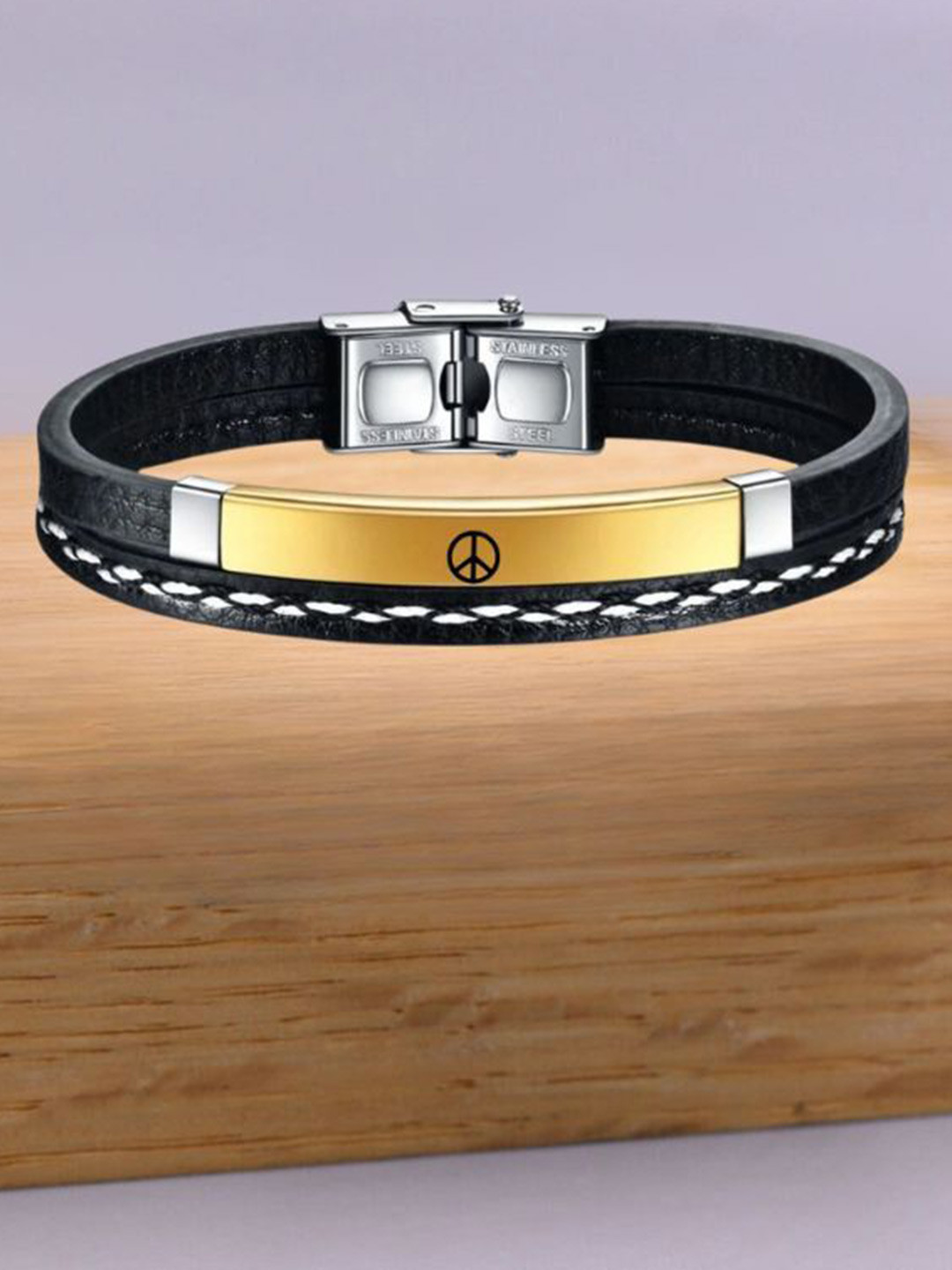 M Men Style Men Gold-Plated Peace Sign Symbol Leather Wraparound Bracelet