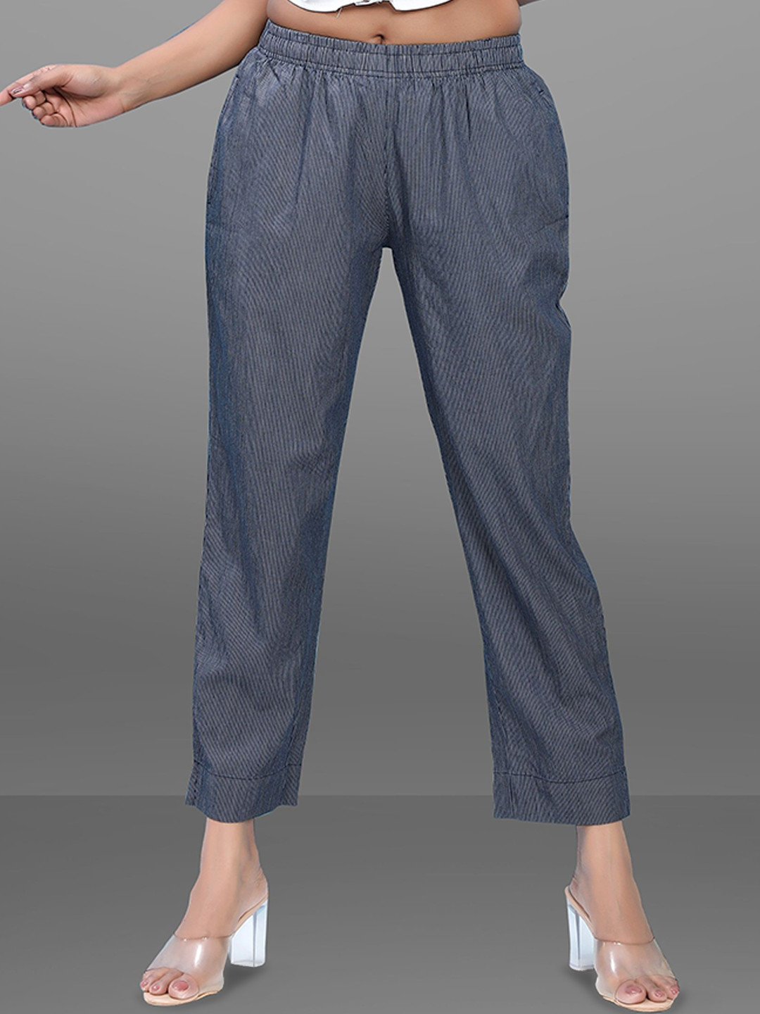BABRU Women Striped Relaxed Fit Mid-Rise Denim Cigarette Trousers