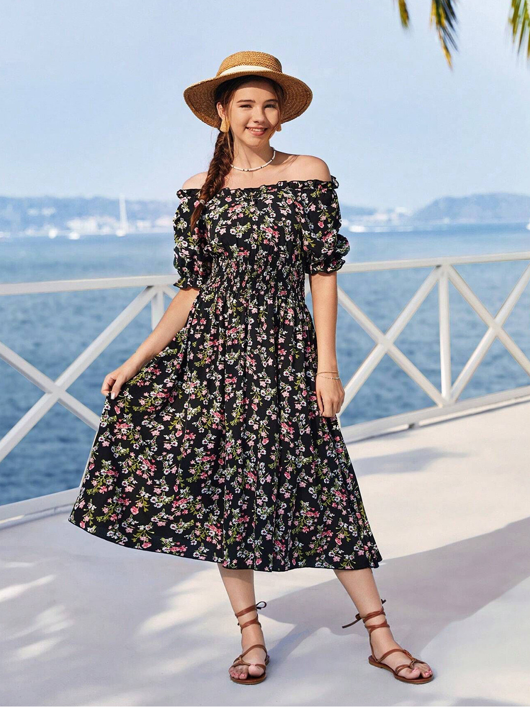 Kidotsav Girls Floral Print Off-Shoulder Fit & Flare Midi Dress