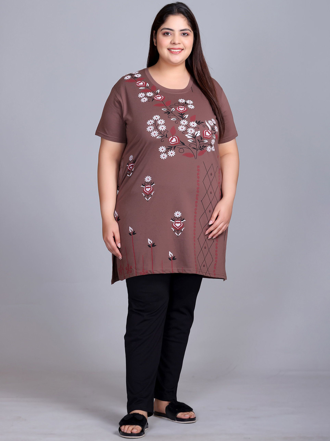 IN Love Women Plus Size Floral Printed T-shirt & Pyjamas Night suit