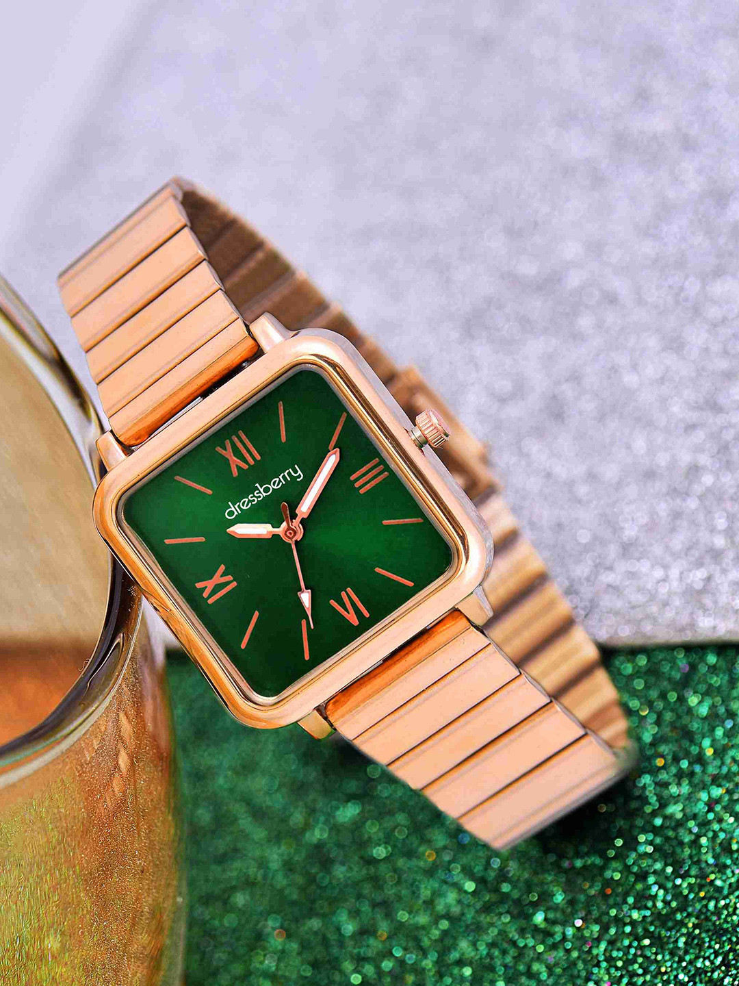 DressBerry Women Dial & Stainless Steel Bracelet Style Straps Analogue Watch 501 Green Rose Gold Roman