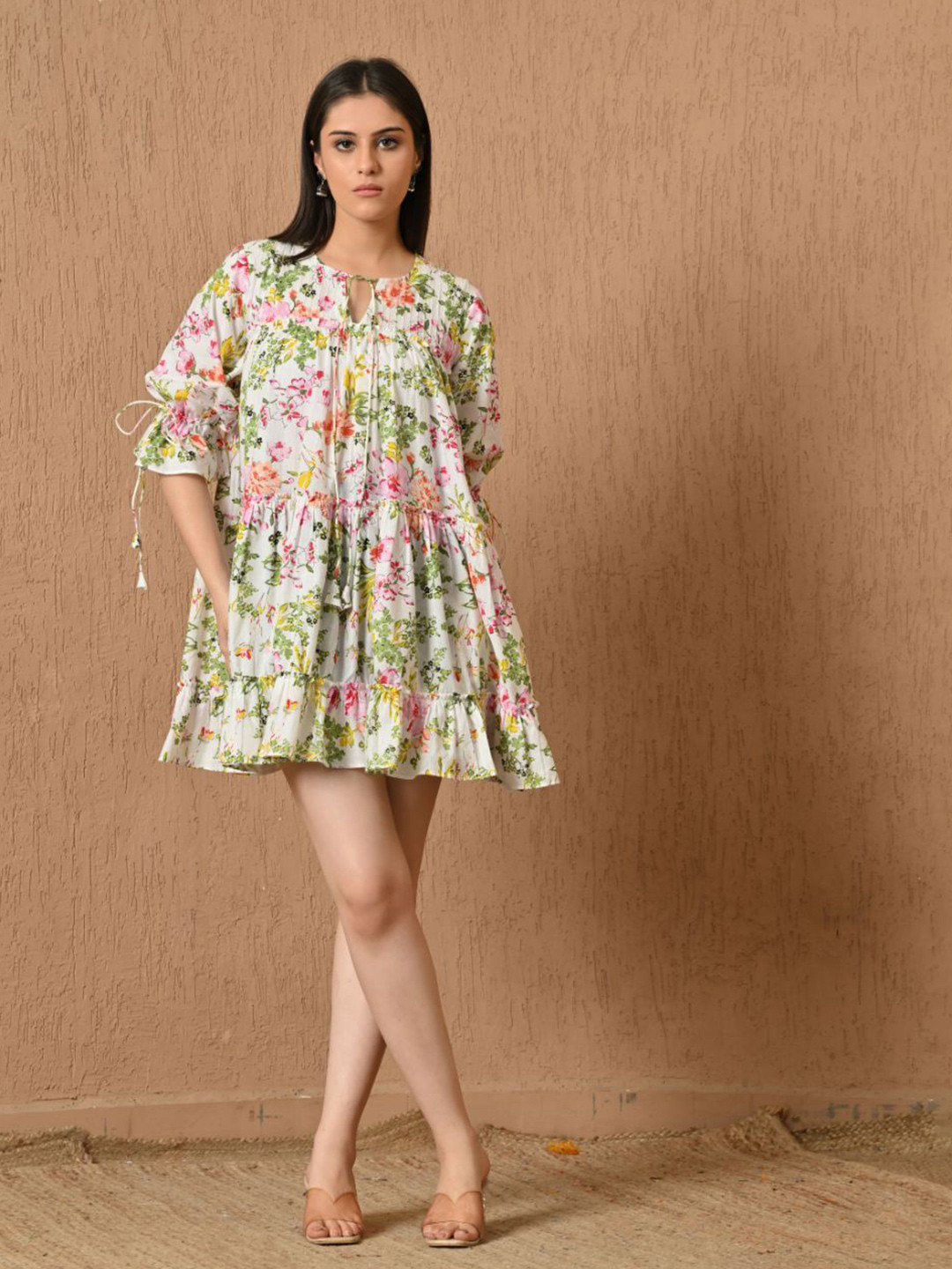 KELIN Floral Print Keyhole Neck Puff Sleeve Ruffled Dress