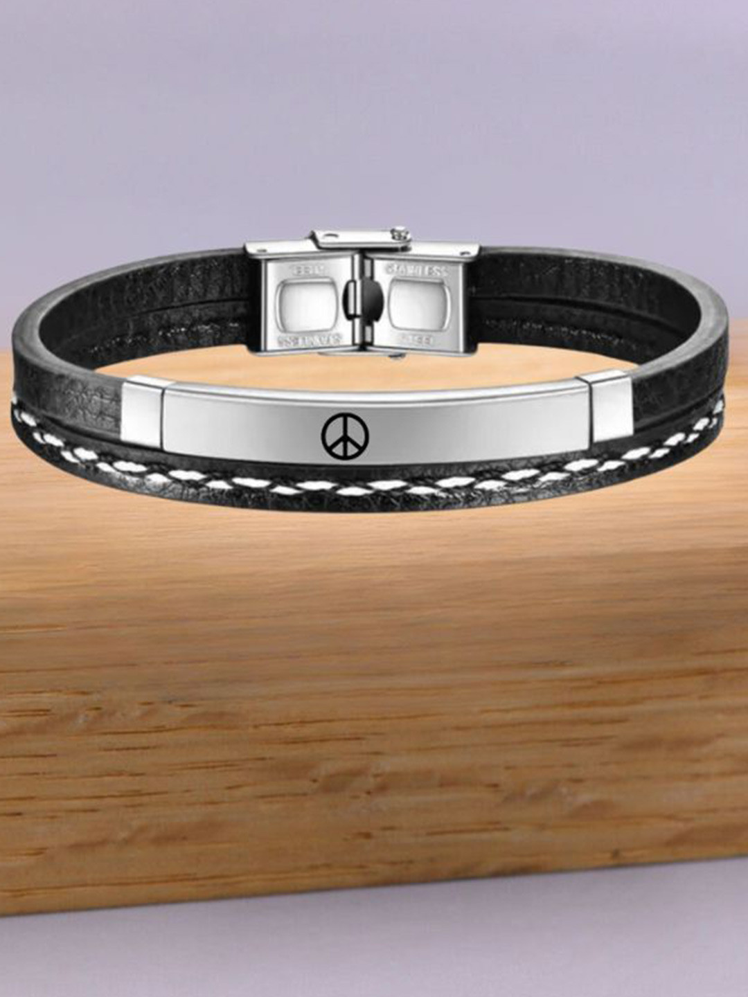 M Men Style Men Silver-Plated Peace Sign Symbol Leather Wraparound Bracelet