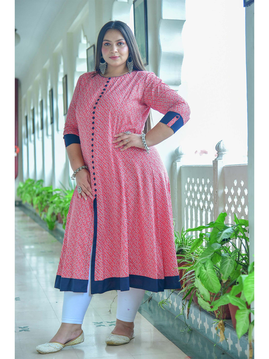 IKRASS Plus Size Geometric Printed Round Neck A-Line Kurta