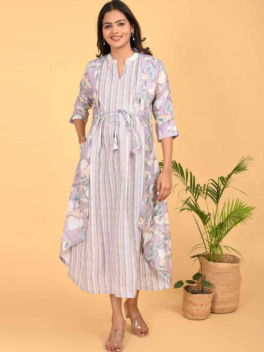 GOLDSTROMS Women Striped Printed Linen Maternity A-Line Midi Dress