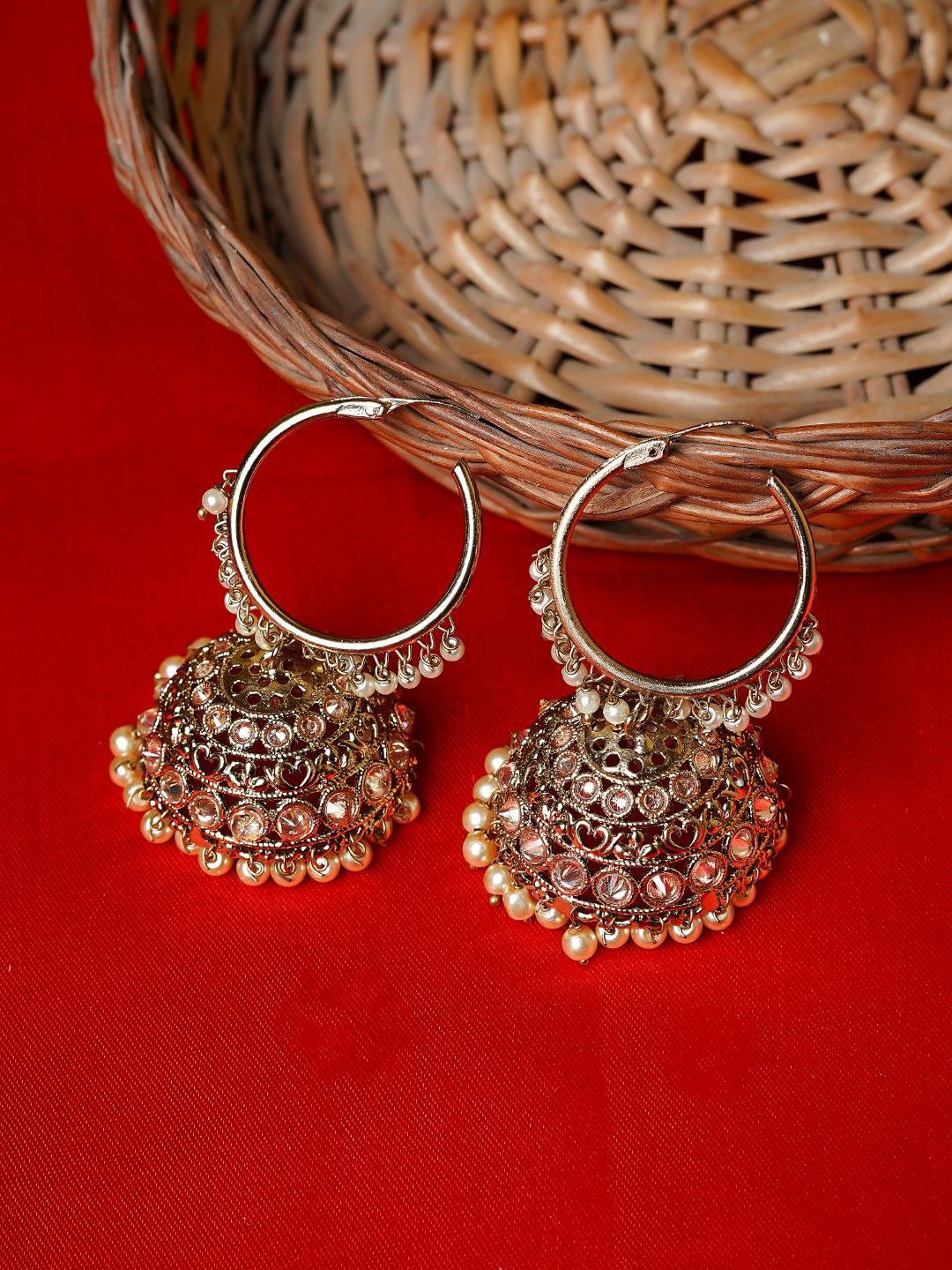 FASHION EMPIRE Gold Circular Jhumka Earrings Classic Ethnic Design for Timeless Elegance