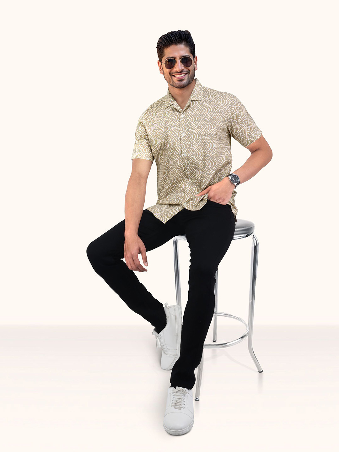 ROUGHELLS Men Slim Fit Geometric Printed Cuban Collar Cotton Casual Shirt