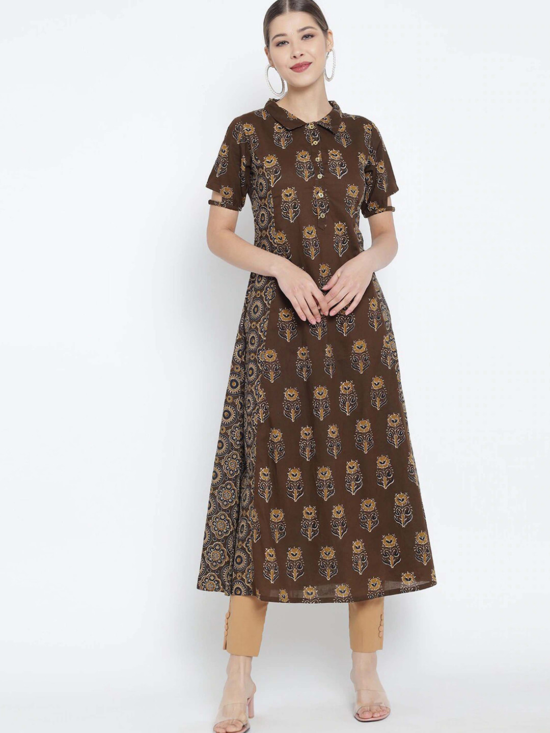 IKRASS Floral Printed Shirt Collar A Line Pue Cotton Kurta