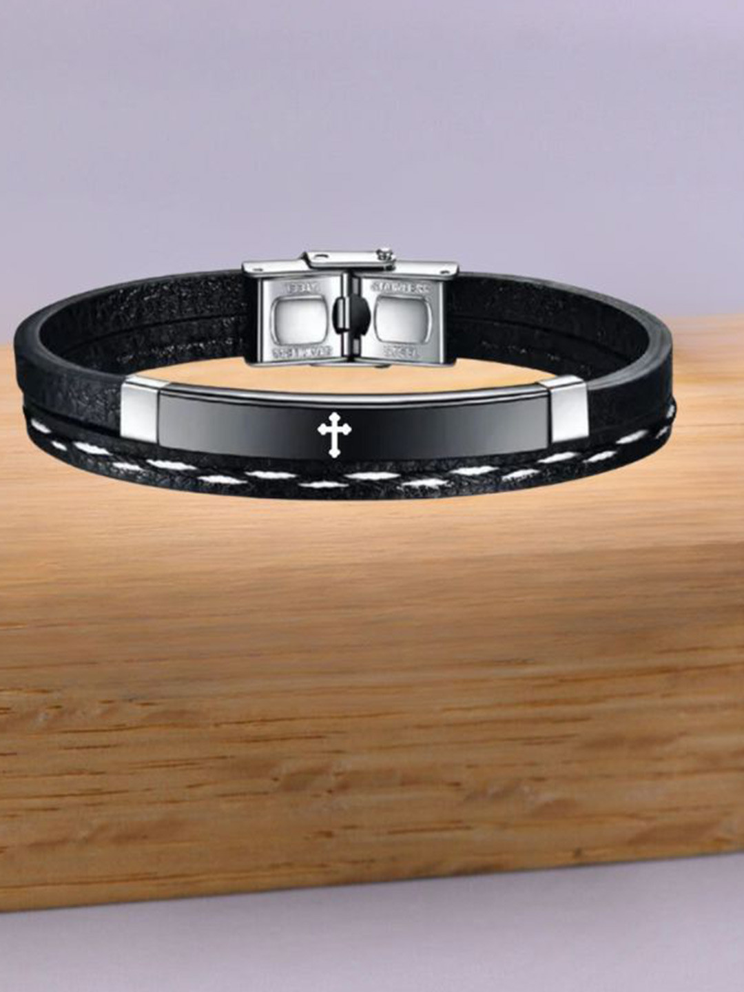 M Men Style Silver-Plated Stainless Steel Cross Leather Wraparound Bracelet