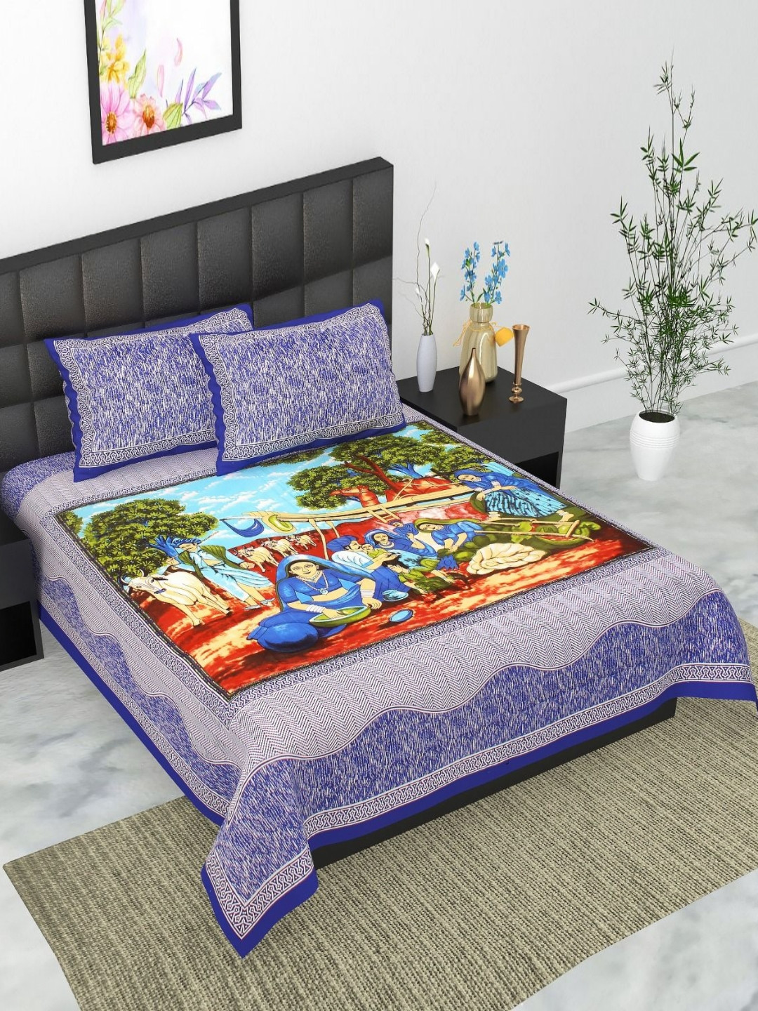 UNIBLISS Blue Graphic Cotton 144 TC Queen Bedsheet with 2 Pillow Covers-85 x 93 inches