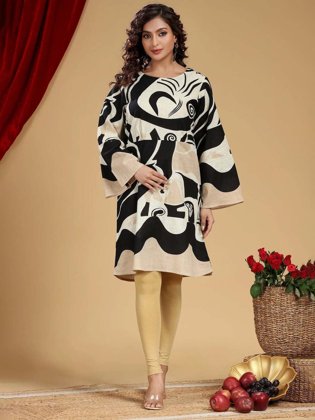 COTTON CULTURE Abstract Printed Round Neck A-LineKurta